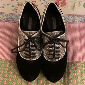 Kimchi Blue Black Suede and Silver Sparkle Heels